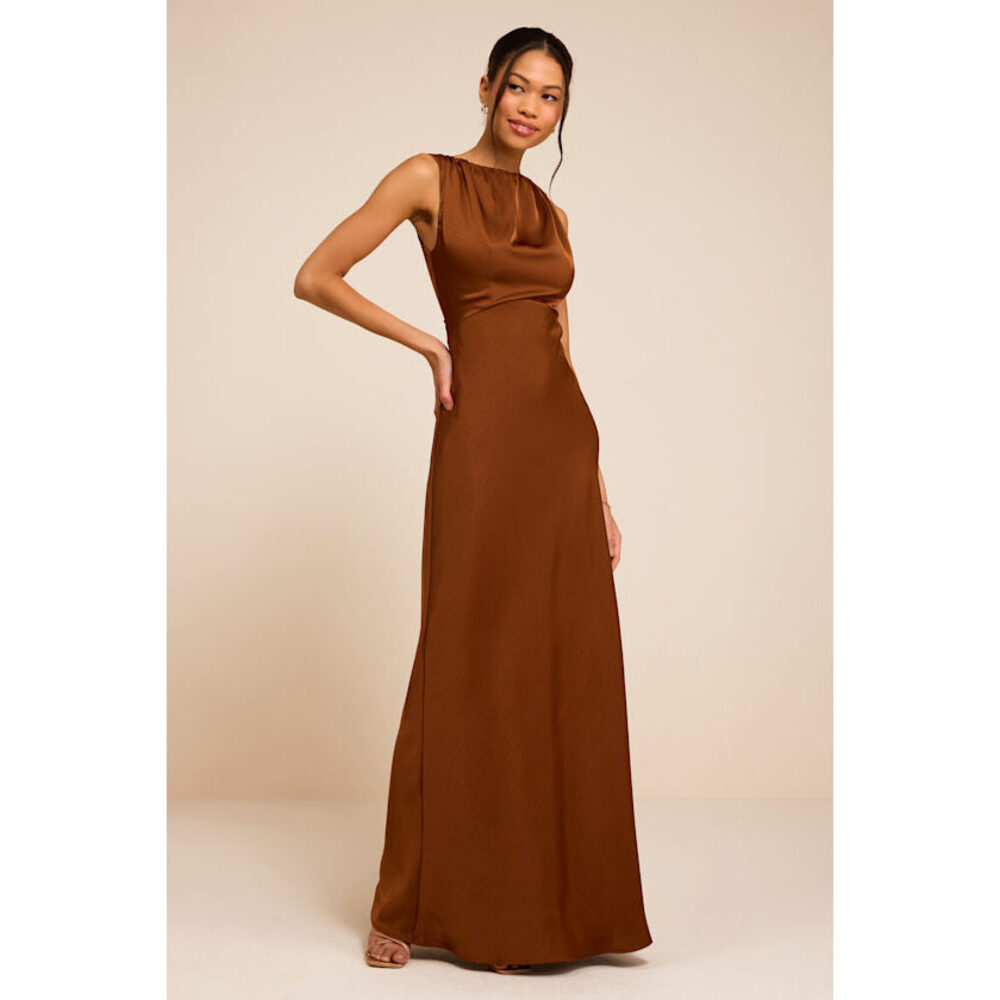 Lulus Perla Brown Satin Boat Neck Maxi Dress - Size L